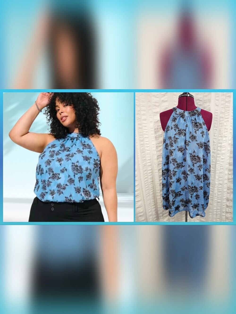 torrid Blue Floral Mock Neck Halter Top Tank Cami Back Neck Tie